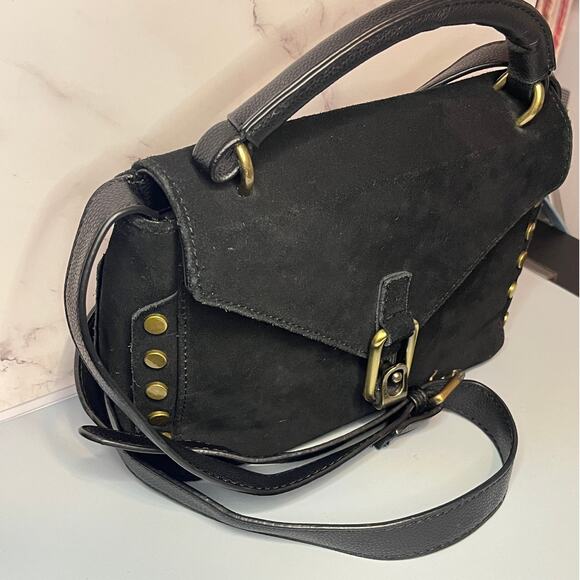 Lionel Black Suede & Leather Crossbody Bag / Top Handle Bag w/ Gold Brass Studs - Picture 12 of 14